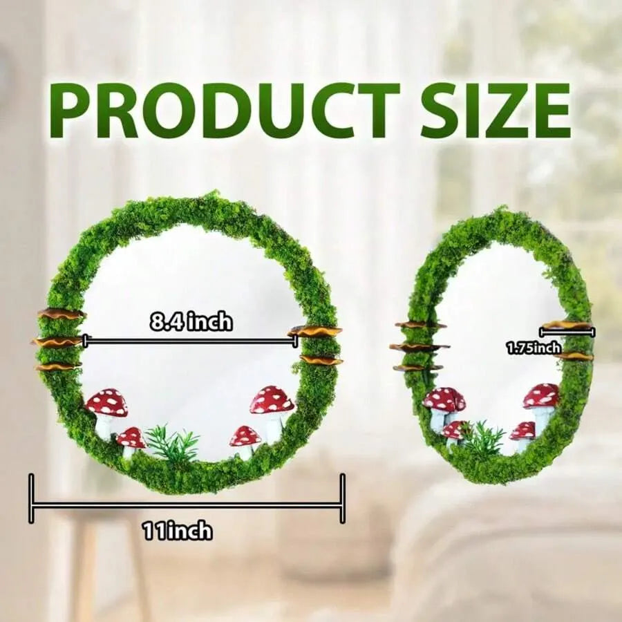 Rustic Mushroom Wall Mirror – 11” Round Mirror with Green Moss Frame & Red Toadstool Accents | Handmade Aesthetic Decor for Bedroom or Living Room