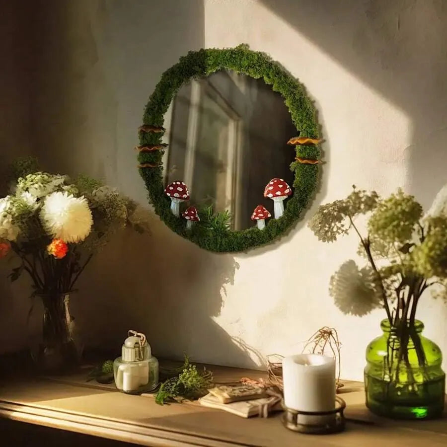 Rustic Mushroom Wall Mirror – 11” Round Mirror with Green Moss Frame & Red Toadstool Accents | Handmade Aesthetic Decor for Bedroom or Living Room