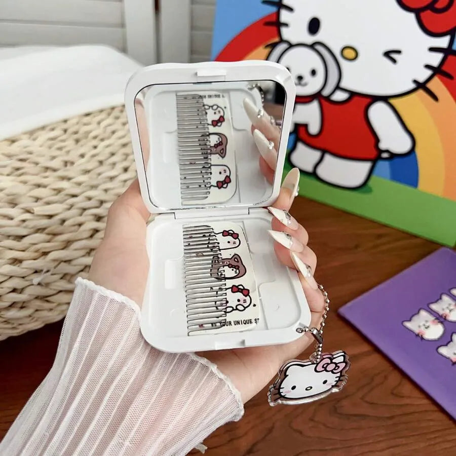 Sanrio Cute Foldable and Portable Makeup Mirror, 2-In-1 Mini Handheld Makeup Mirror and Comb, Perfect for Students and Young Girls