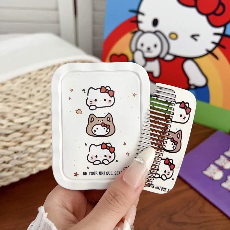 Sanrio Cute Foldable and Portable Makeup Mirror, 2-In-1 Mini Handheld Makeup Mirror and Comb, Perfect for Students and Young Girls