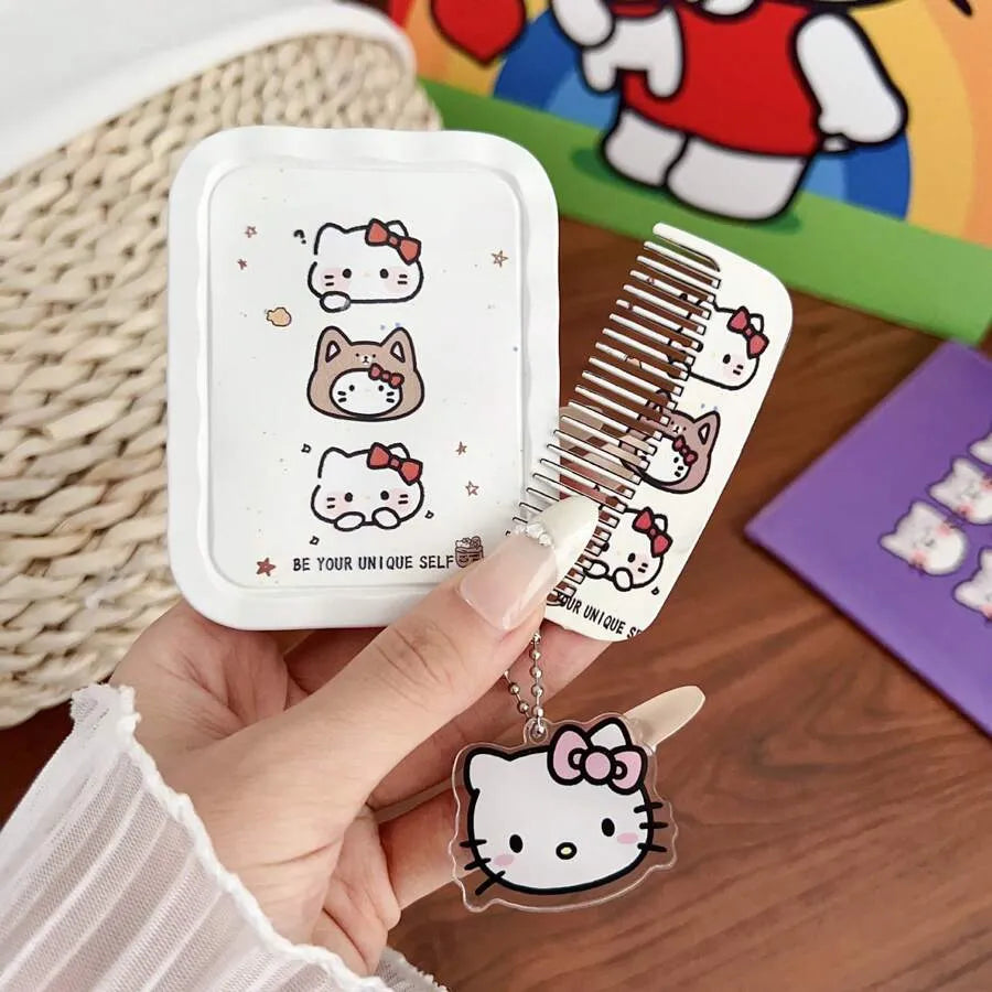 Sanrio Cute Foldable and Portable Makeup Mirror, 2-In-1 Mini Handheld Makeup Mirror and Comb, Perfect for Students and Young Girls