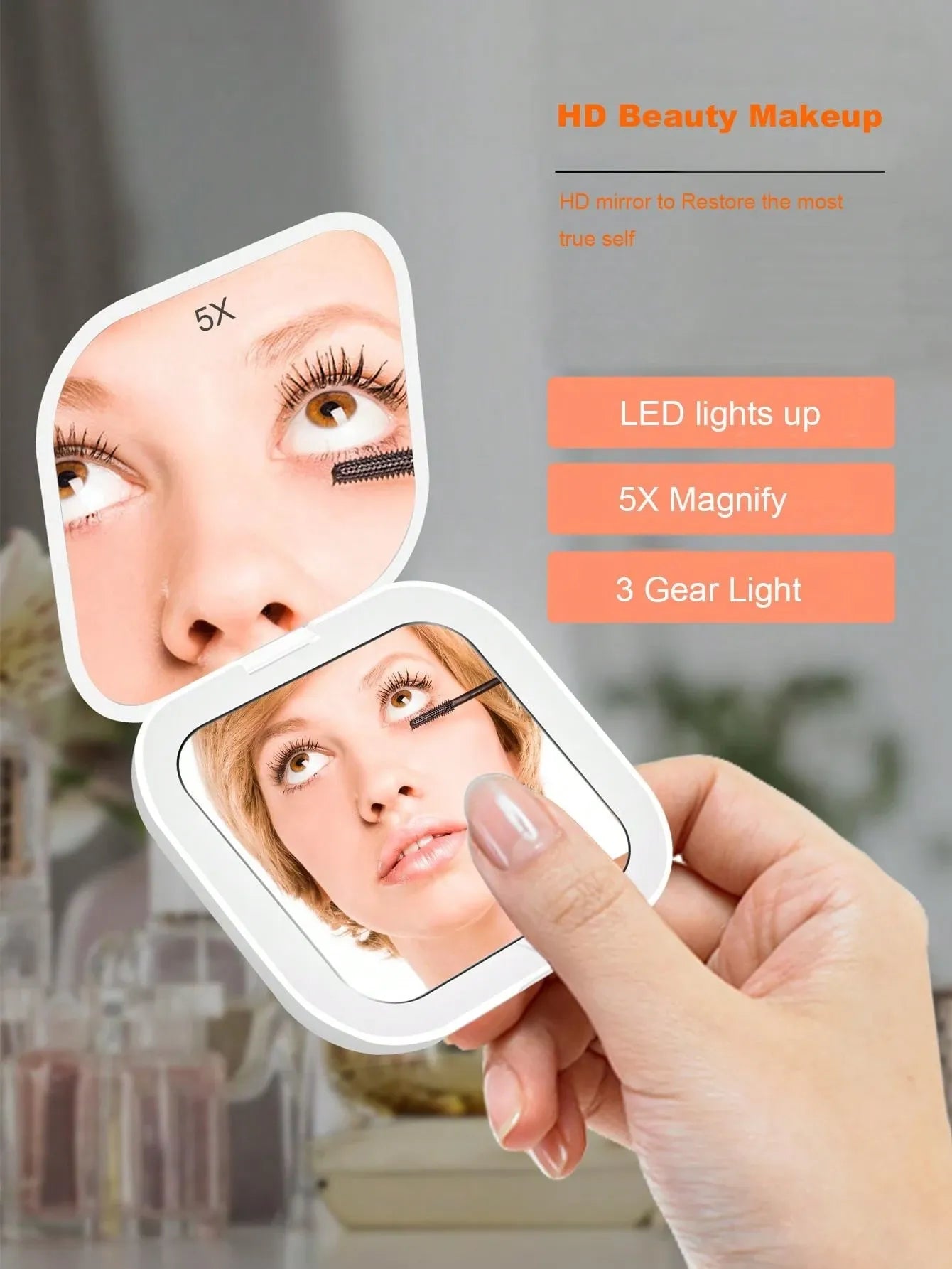 1Handheld LED Makeup Mirror – Rechargeable, High-Definition Portable Vanity Mirror with Tri-Color Lighting