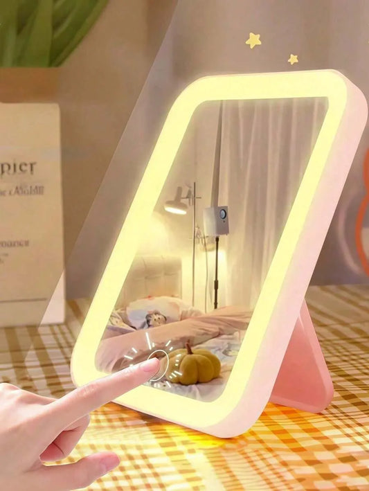 1pc LED Makeup Mirror with Touch Screen – 3 Light Modes, Foldable & Portable Compact Vanity Mirror