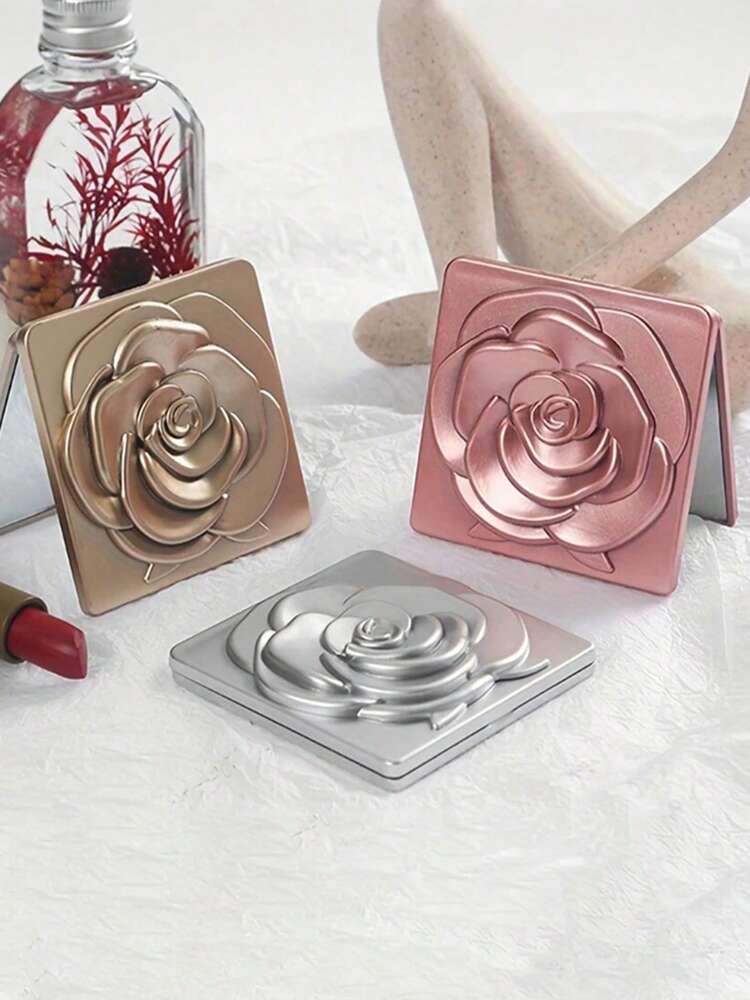 SHEIN 1pc Rose Design Compact Mirror, Elegant Square Travel Makeup Mirror for Women and Girls, Portable Folding Handheld Cosmetic Mirror
