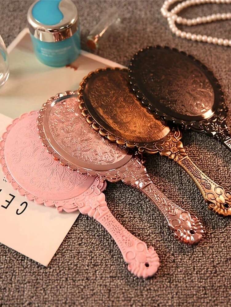 Vintage Floral Pattern Handheld Mirror – High Definition Portable Makeup Mirror