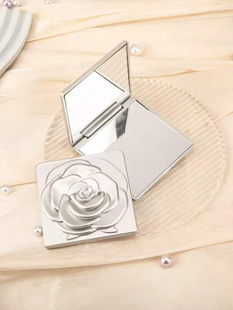 SHEIN 1pc Rose Design Compact Mirror, Elegant Square Travel Makeup Mirror for Women and Girls, Portable Folding Handheld Cosmetic Mirror