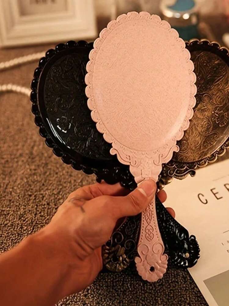 Vintage Floral Pattern Handheld Mirror – High Definition Portable Makeup Mirror
