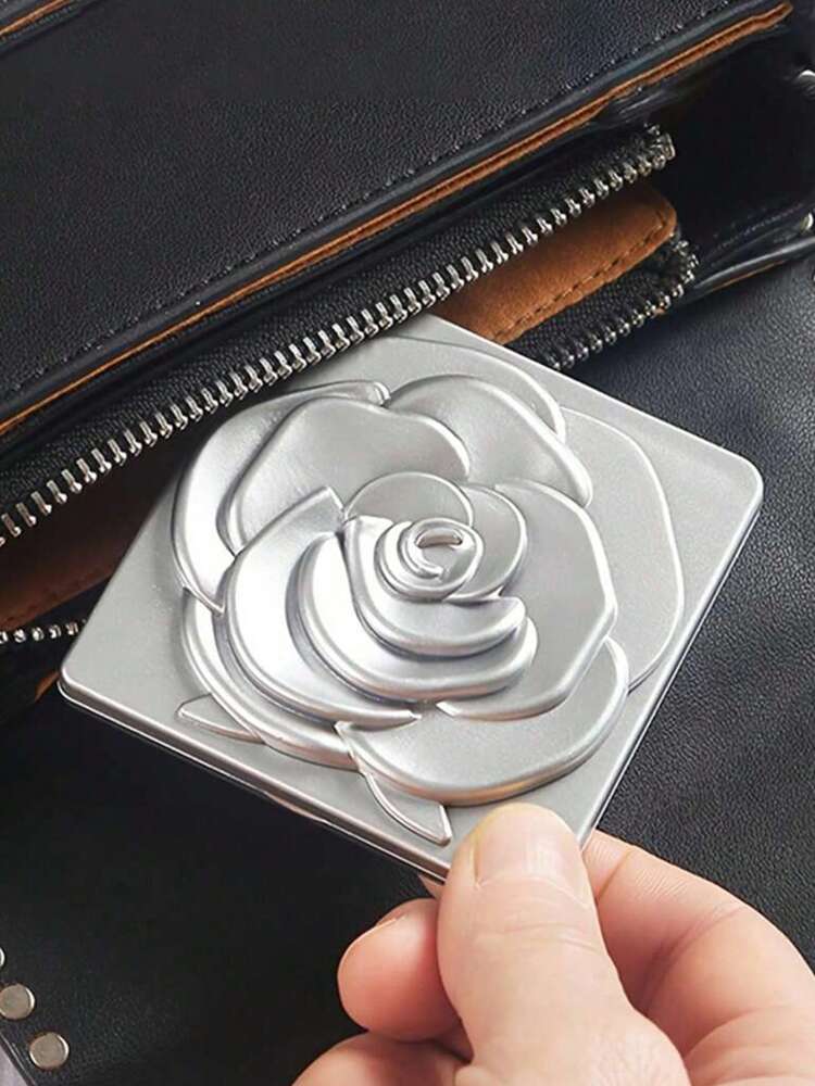 SHEIN 1pc Rose Design Compact Mirror, Elegant Square Travel Makeup Mirror for Women and Girls, Portable Folding Handheld Cosmetic Mirror