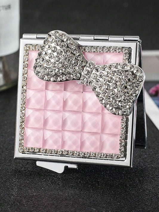 1pc Elegant Rhinestone Bowknot Folding Compact Mirror – Double-Sided, Travel-Friendly Design