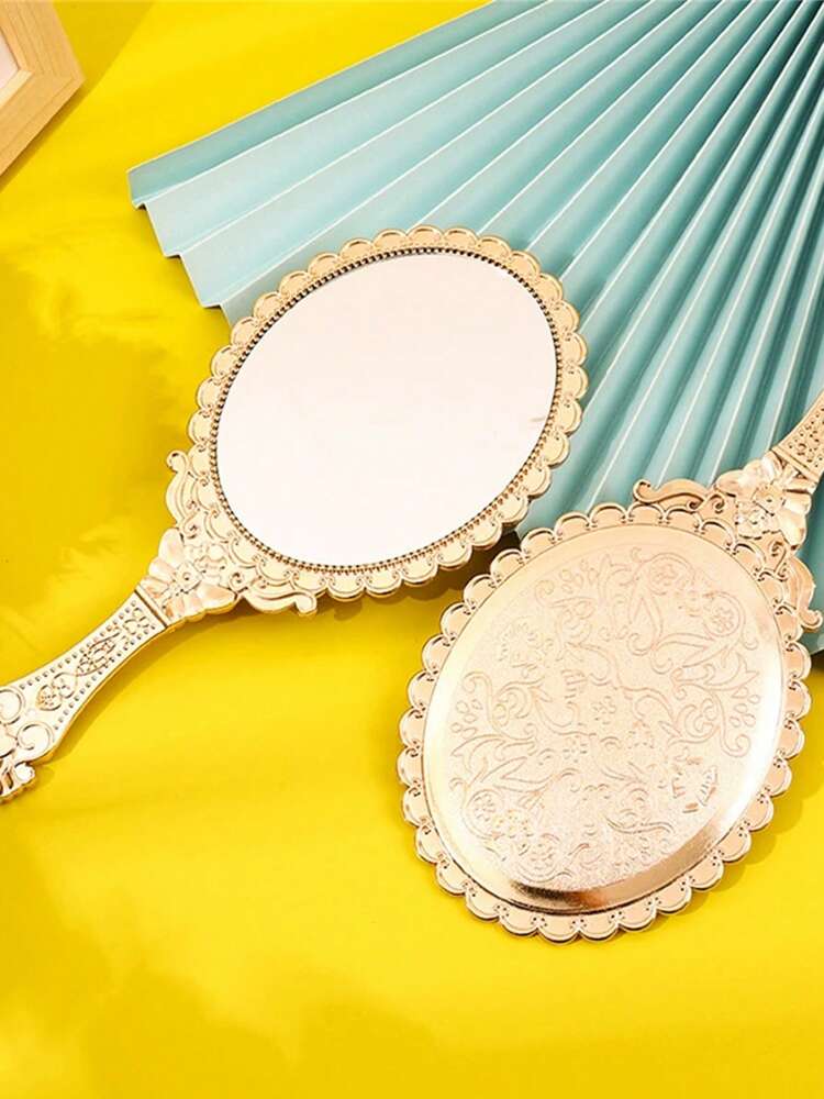 Vintage Floral Pattern Handheld Mirror – High Definition Portable Makeup Mirror